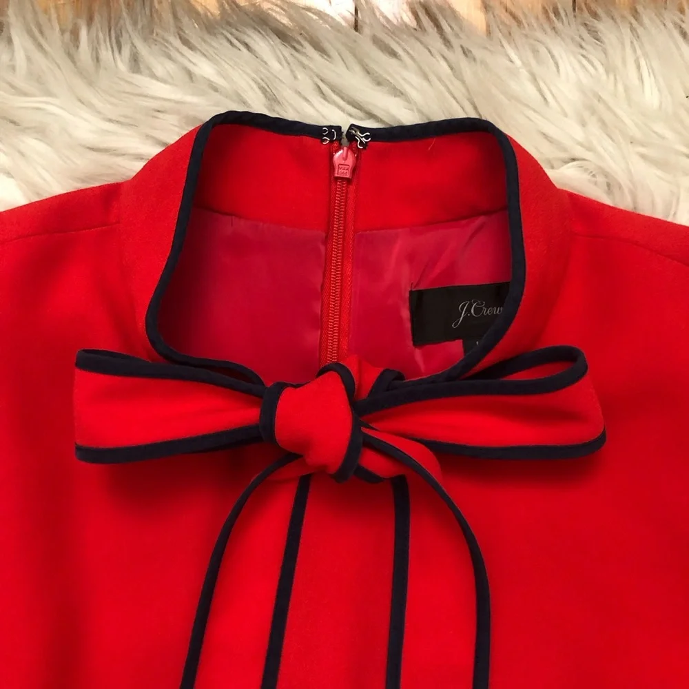 J Crew Bow Tie-neck 365 Crepe Fit & Flare Cap Sleeves Nautical Red Navy Dress 10